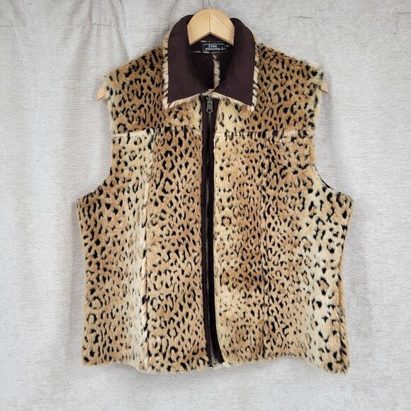 Lisa International Reversible Brown and Leopard Cheetah Print Faux Fur Vest - Picture 1 of 11